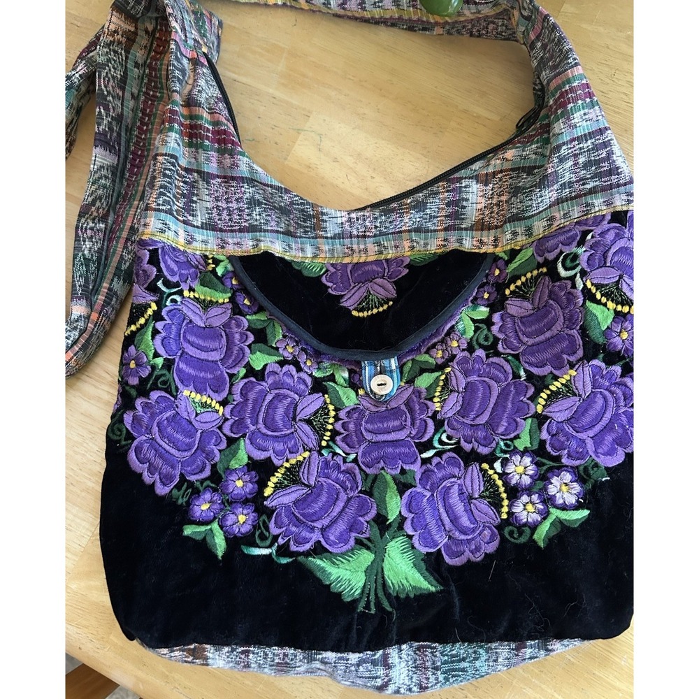 Purple Green Guatemalan Huipil Shoulder Bag Floral Oxalis Hippie Boho Vintage